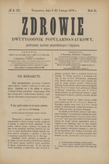 Zdrowie : dwutygodnik popularno-naukowy poświęcony naukom przyrodniczym i higijenie. R.2, [T.2], № 4 (15 lutego 1879) = № 28