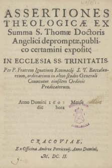 Assertiones Theologicæ Ex Summa S. Thomæ Doctoris Angelici depromptæ