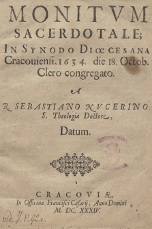 Monitvm Sacerdotale, In Synodo Diœcesana Cracouiensi, 1634, die 18. Octob. Clero congregato