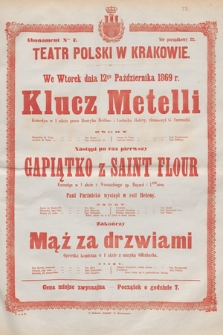 We wtorek dnia 12go października 1869 r. Klucz Metelli, nastąpi po raz pierwszy Gapiątko z Saint Flour, zakończy Mąż za drzwiami