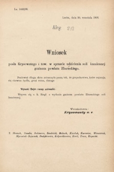 [Kadencja IX, sesja I, al. 223] Alegata do Sprawozdań Stenograficznych z Pierwszej Sesyi Dziewiątego Peryodu Sejmu Krajowego Królestwa Galicyi i Lodomeryi z Wielkiem Księstwem Krakowskiem z roku 1908. Alegat 223