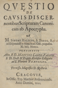 Qvęstio De Cavsis Discernentibus Scripturam Canonicam ab Apocrypha