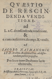 Qvæstio De Rescindenda Venditione ad L. 2. C. [...]