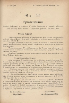 [Kadencja VIII, sesja III, al. 345] Alegata do Sprawozdań Stenograficznych z Trzeciej Sesyi Ósmego Peryodu Sejmu Krajowego Królestwa Galicyi i Lodomeryi wraz z Wielkiem Księstwem Krakowskiem z roku 1907. Alegat 345