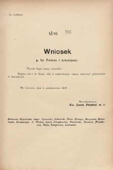 [Kadencja VIII, sesja III, al. 381] Alegata do Sprawozdań Stenograficznych z Trzeciej Sesyi Ósmego Peryodu Sejmu Krajowego Królestwa Galicyi i Lodomeryi wraz z Wielkiem Księstwem Krakowskiem z roku 1907. Alegat 381