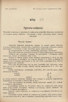 [Kadencja VIII, sesja III, al. 405] Alegata do Sprawozdań Stenograficznych z Trzeciej Sesyi Ósmego Peryodu Sejmu Krajowego Królestwa Galicyi i Lodomeryi wraz z Wielkiem Księstwem Krakowskiem z roku 1907. Alegat 405