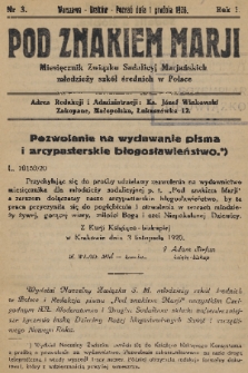 Pod Znakiem Marji : miesięcznik Związku Sodalicyj Marjańskich młodzieży szkół średnich w Polsce. R. 1, 1920, nr 3