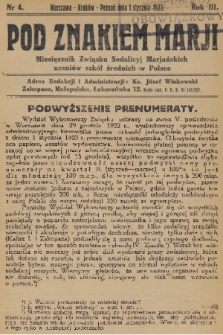 Pod Znakiem Marji : miesięcznik Związku Sodalicyj Marjańskich uczniów szkół średnich w Polsce. R. 3, 1923, nr 4