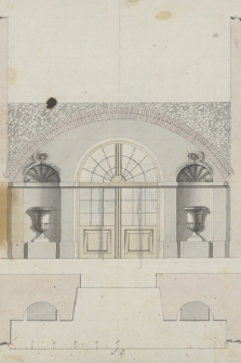 [Projekt wejścia z przeszklonymi drzwiami typu porte-fenêtre oraz flankującymi je niszami, w których umieszczono na cokołach wazy]