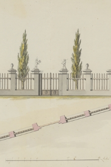 [Projekt ogrodzenia z bramą dekorowaną rzeźbami dwóch puttów oraz dwóch wazonów]