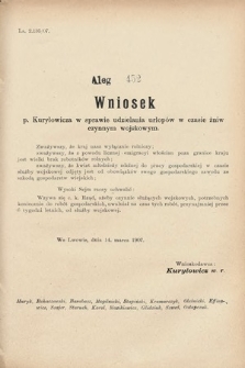 [Kadencja VIII, sesja III, al. 452] Alegata do Sprawozdań Stenograficznych z Trzeciej Sesyi Ósmego Peryodu Sejmu Krajowego Królestwa Galicyi i Lodomeryi wraz z Wielkiem Księstwem Krakowskiem z roku 1907. Alegat 452