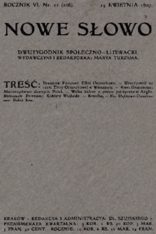 Nowe Słowo : dwutygodnik społeczno-literacki. R. 6, 1907, nr 12 (108)