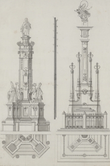 [Dwa projekty rzeźb Matki Boskiej w typie Immaculata na wysokich dekorowanych postumentach wraz z rzutami]