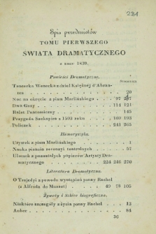 Świat Dramatyczny : pismo czasowe poświęcone teatrowi literaturze i modzie. 1839, T.1, Spis przedmiotów
