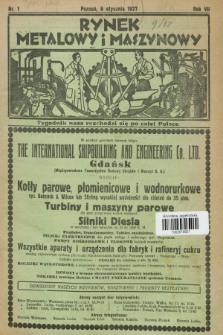Rynek Metalowy i Maszynowy : najobszerniejsze czasopismo fachowe w Polsce. R.7, nr 1 (6 stycznia 1927) + dod.