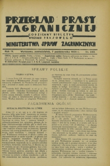 Przegląd Prasy Zagranicznej : codzienny biuletyn Wydziału Prasowego Ministerstwa Spraw Zagranicznych. R.4, nr 230 (7 października 1929)