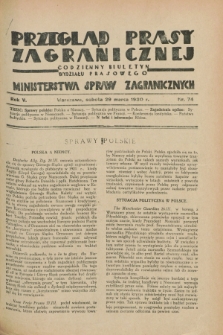 Przegląd Prasy Zagranicznej : codzienny biuletyn Wydziału Prasowego Ministerstwa Spraw Zagranicznych. R.5, nr 74 (29 marca 1930)