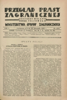 Przegląd Prasy Zagranicznej : codzienny biuletyn Wydziału Prasowego Ministerstwa Spraw Zagranicznych. R.5, nr 270 (25 listopada 1930)