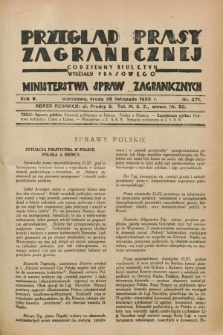 Przegląd Prasy Zagranicznej : codzienny biuletyn Wydziału Prasowego Ministerstwa Spraw Zagranicznych. R.5, nr 271 (26 listopada 1930)