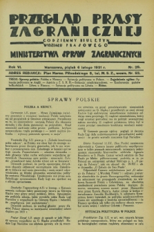 Przegląd Prasy Zagranicznej : codzienny biuletyn Wydziału Prasowego Ministerstwa Spraw Zagranicznych. R.6, nr 29 (6 lutego 1931)