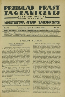 Przegląd Prasy Zagranicznej : codzienny biuletyn Wydziału Prasowego Ministerstwa Spraw Zagranicznych. R.6, nr 77 (3 kwietnia 1931)