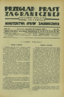 Przegląd Prasy Zagranicznej : codzienny biuletyn Wydziału Prasowego Ministerstwa Spraw Zagranicznych. R.6, nr 92 (23 kwietnia 1931)