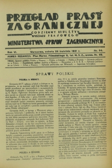 Przegląd Prasy Zagranicznej : codzienny biuletyn Wydziału Prasowego Ministerstwa Spraw Zagranicznych. R.6, nr 94 (25 kwietnia 1931)