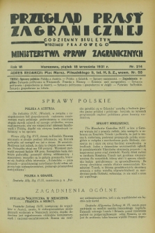 Przegląd Prasy Zagranicznej : codzienny biuletyn Wydziału Prasowego Ministerstwa Spraw Zagranicznych. R.6, nr 214 (18 września 1931)