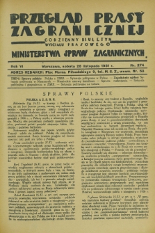 Przegląd Prasy Zagranicznej : codzienny biuletyn Wydziału Prasowego Ministerstwa Spraw Zagranicznych. R.6, nr 274 (28 listopada 1931)