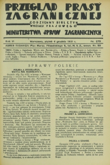 Przegląd Prasy Zagranicznej : codzienny biuletyn Wydziału Prasowego Ministerstwa Spraw Zagranicznych. R.6, nr 279 (4 grudnia 1931)