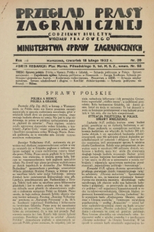 Przegląd Prasy Zagranicznej : codzienny biuletyn Wydziału Prasowego Ministerstwa Spraw Zagranicznych. R.7, nr 39 (18 lutego 1932)