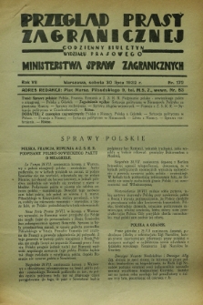 Przegląd Prasy Zagranicznej : codzienny biuletyn Wydziału Prasowego Ministerstwa Spraw Zagranicznych. R.7, nr 172 (30 lipca 1932) + dod.
