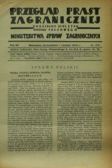 Przegląd Prasy Zagranicznej : codzienny biuletyn Wydziału Prasowego Ministerstwa Spraw Zagranicznych. R.7, nr 173 (1 sierpnia 1932)