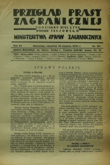 Przegląd Prasy Zagranicznej : codzienny biuletyn Wydziału Prasowego Ministerstwa Spraw Zagranicznych. R.7, nr 187 (18 sierpnia 1932)