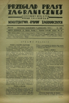 Przegląd Prasy Zagranicznej : codzienny biuletyn Wydziału Prasowego Ministerstwa Spraw Zagranicznych. R.7, nr 226 (3 października 1932)