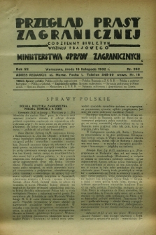 Przegląd Prasy Zagranicznej : codzienny biuletyn Wydziału Prasowego Ministerstwa Spraw Zagranicznych. R.7, nr 262 (16 listopada 1932)