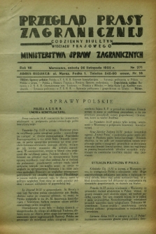 Przegląd Prasy Zagranicznej : codzienny biuletyn Wydziału Prasowego Ministerstwa Spraw Zagranicznych. R.7, nr 271 (26 listopada 1932)