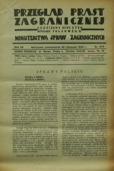 Przegląd Prasy Zagranicznej : codzienny biuletyn Wydziału Prasowego Ministerstwa Spraw Zagranicznych. R.7, nr 272 (28 listopada 1932)