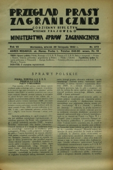 Przegląd Prasy Zagranicznej : codzienny biuletyn Wydziału Prasowego Ministerstwa Spraw Zagranicznych. R.7, nr 273 (29 listopada 1932) + dod.