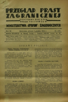 Przegląd Prasy Zagranicznej : codzienny biuletyn Wydziału Prasowego Ministerstwa Spraw Zagranicznych. R.7, nr 279 (6 grudnia 1932)