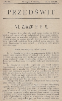 Przedświt : miesięcznik polityczno-społeczny : organ Polskiej Partyi Socyalistycznej. R. 22, 1902, nr 8