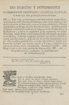 Do Narodu Y Potomnosci O Okropnym Przypadku Przez J.K.Mć.P.N.M. w Roku 1771 dnia 3 Listopada doświadczonym