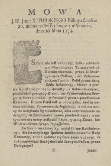 Mowa J.W. Jmci X. Turskiego Biskupa Łuckiego, miana na Sessyi Seymu w Senacie dnia 10 Maia 1773