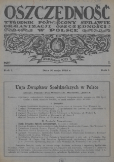 Oszczędność : tygodnik poświęcony sprawie organizacji oszczędności w Polsce. 1925, nr 1