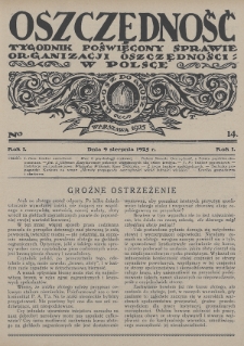 Oszczędność : tygodnik poświęcony sprawie organizacji oszczędności w Polsce. 1925, nr 14