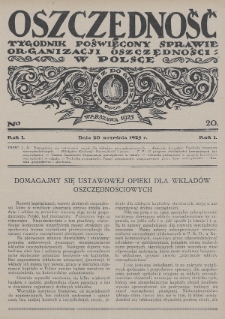 Oszczędność : tygodnik poświęcony sprawie organizacji oszczędności w Polsce. 1925, nr 20