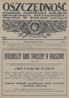 Oszczędność : tygodnik poświęcony sprawie organizacji oszczędności w Polsce. 1925, nr 28