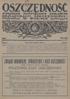 Oszczędność : tygodnik poświęcony sprawie organizacji oszczędności w Polsce. 1925, nr 32-33