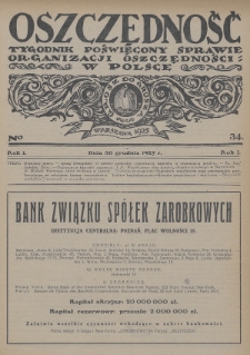 Oszczędność : tygodnik poświęcony sprawie organizacji oszczędności w Polsce. 1925, nr 34