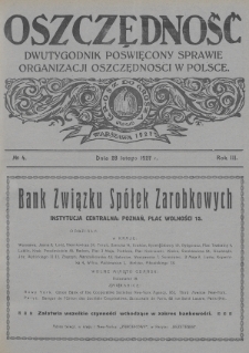 Oszczędność : dwutygodnik poświęcony sprawie organizacji oszczędności w Polsce. 1927, nr 4